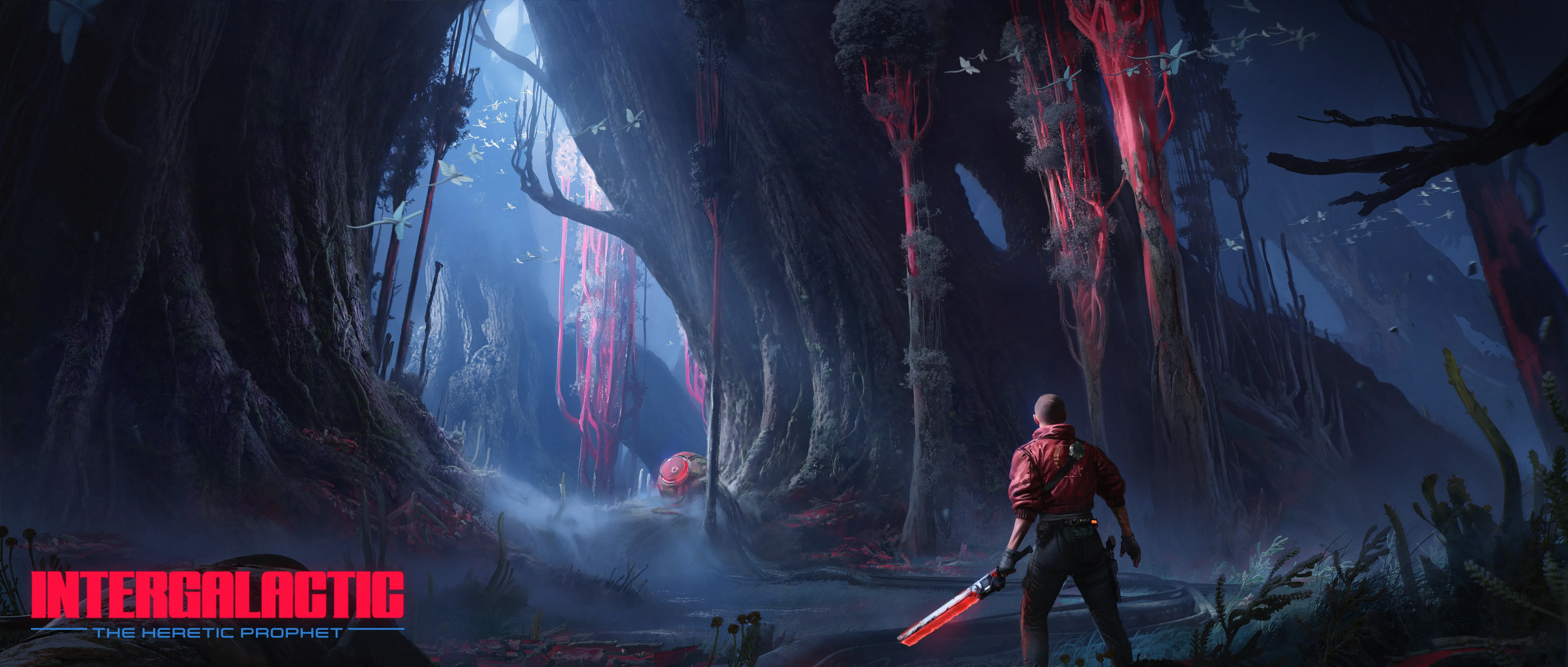 Illustration d’Intergalactic: The Heretic Prophet : un personnage en veste rouge, vu de dos, lame rouge lumineuse à la main, dans une forêt extraterrestre aux arbres géants.