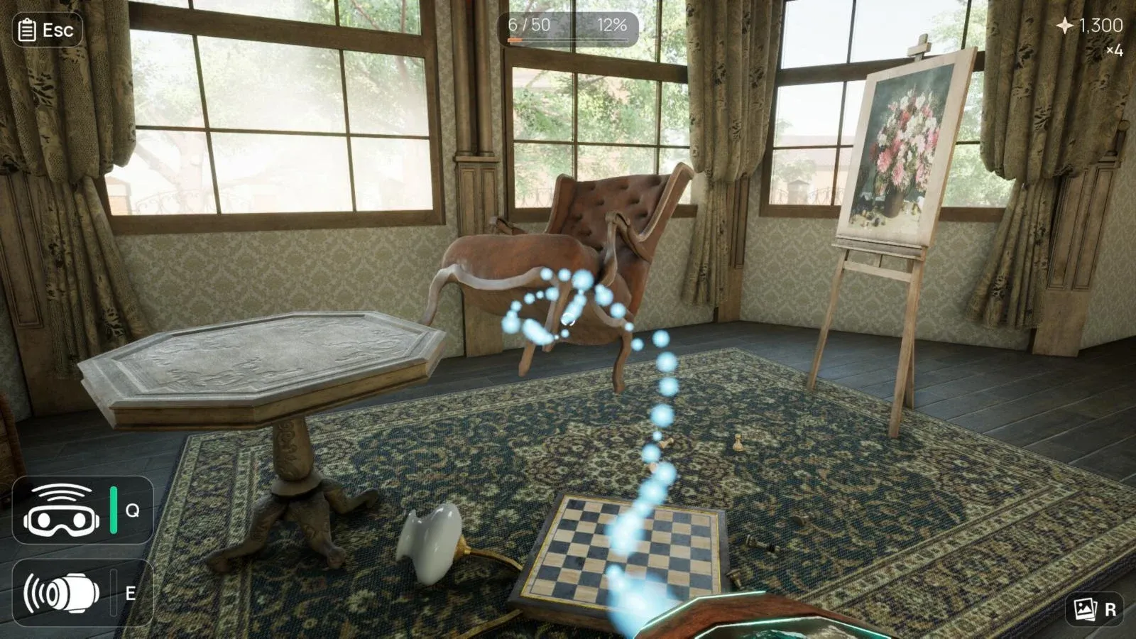 Une pièce ancienne en désordre dans Unmess Co.: Rewind the Wreck : un guéridon, une lampe tombée et un tapis jonché de pièces d’échecs, avec des particules bleues du Rewind.