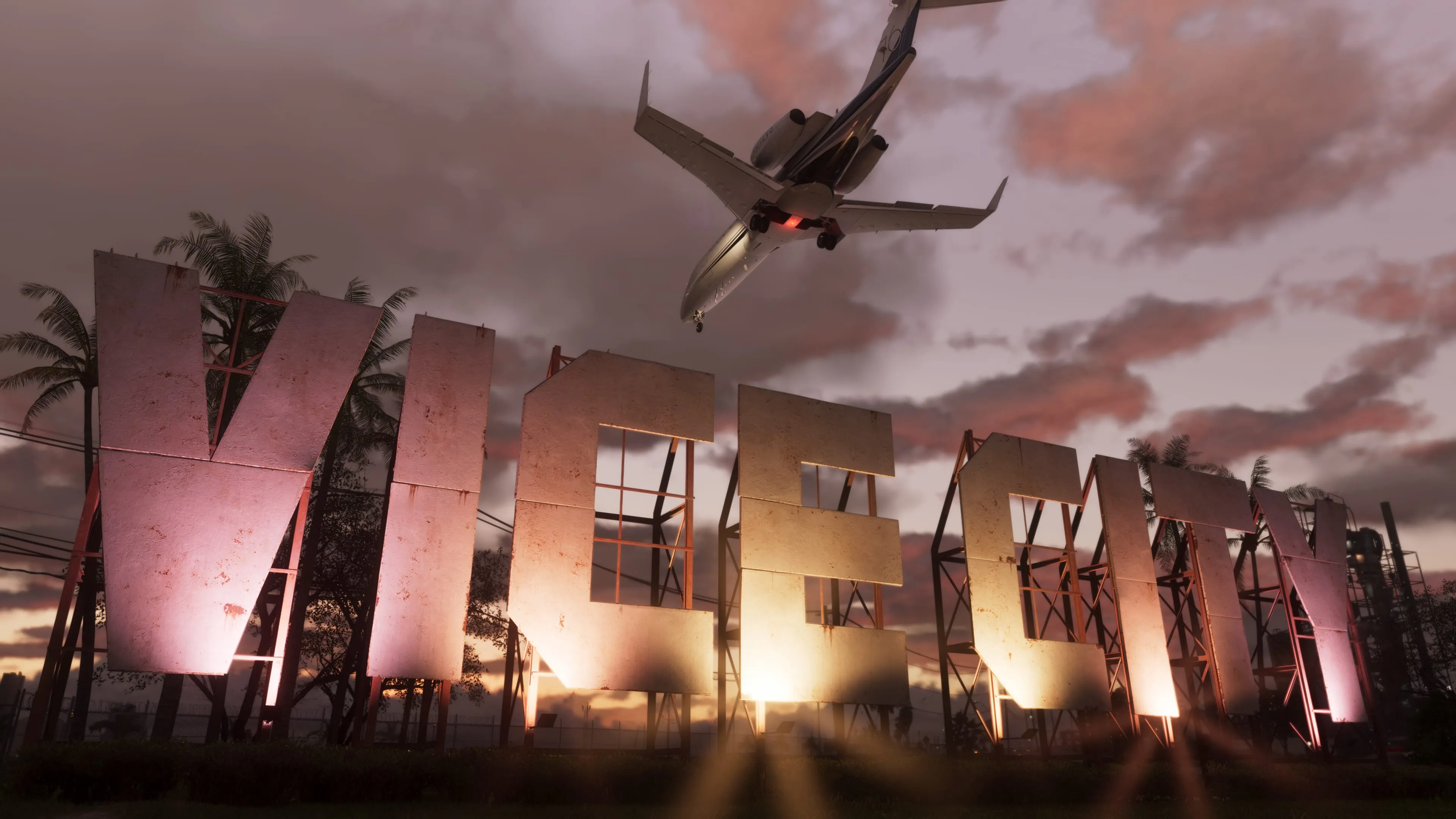 Un avion survole les grandes lettres de Vice City au coucher du soleil dans GTA 6.