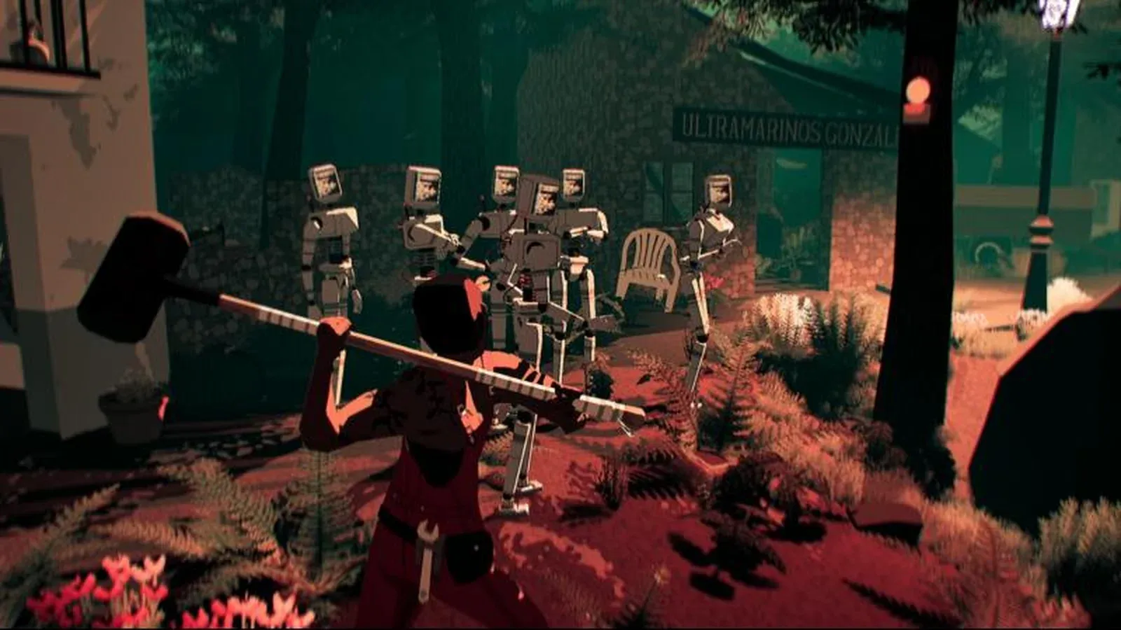 Le personnage de Virtue and a Sledgehammer brandit sa masse face à des simulacres robotisés. Image : Devolver Digital / Deconstructeam