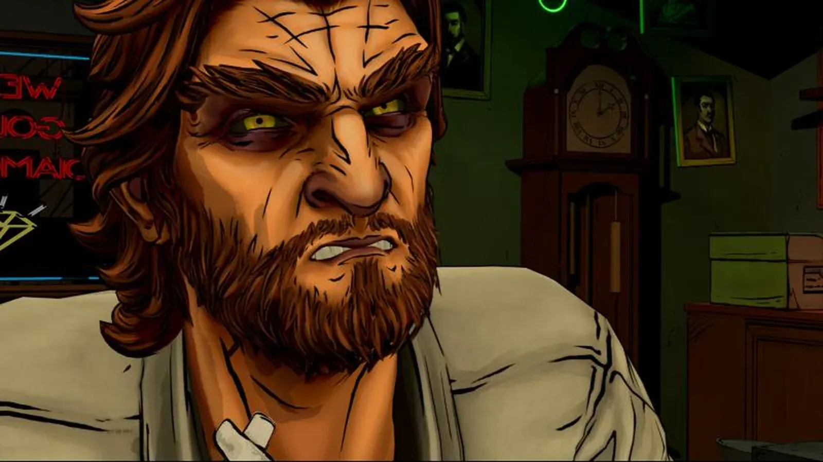 Gros plan sur Bigby Wolf dans The Wolf Among Us Remastered. Image : Telltale